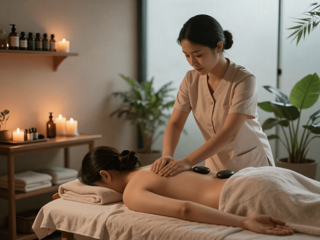 평촌출장마사지 session in a serene spa setting with calming atmosphere and soothing decor.