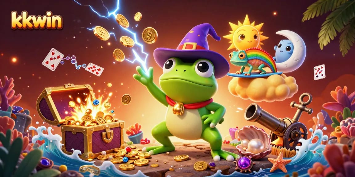 Experience thrilling wins with kkwin as the weather wizard frog stirs a storm of golden coins in this vibrant casino scene.