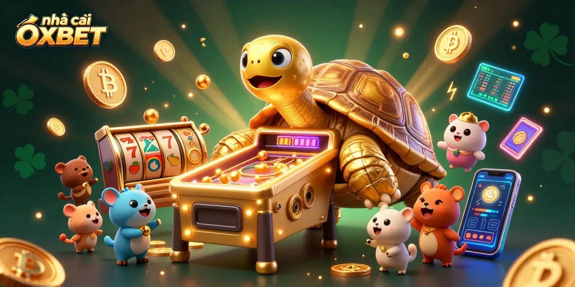 Engage with the vibrant world of nhà cái OXBET featuring a colossal golden tortoise pinball machine and exciting gambling elements.