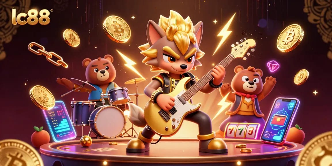 Spin the reels at lc88 with a rock star wolf and thrilling crypto elements in a dynamic casino scene.