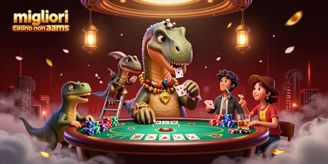 Engage in the world of migliori casino non aams with a whimsical illustration featuring dinosaurs dealing cards at a poker table.