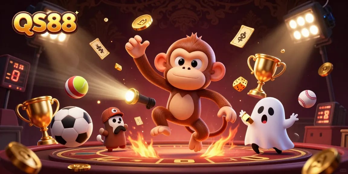 Experience QS88's thrilling gaming adventures with a dynamic poltergeist monkey and a ghost-hunter puppy.