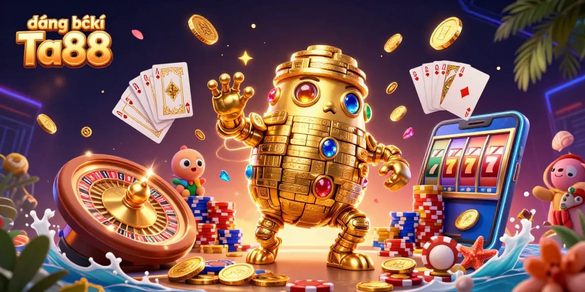 Spin to win with đăng ký Ta88 on enticing slot reels and golden coin golems in a vibrant casino setting.