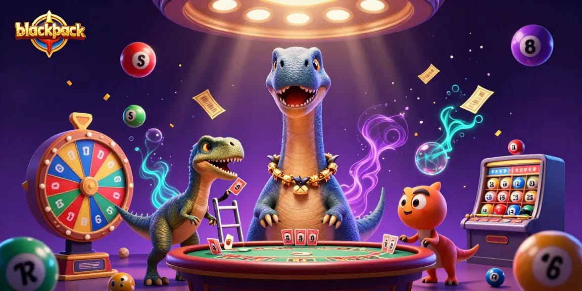 Experience blackjack fun with a dinosaur dealer setting at this vibrant casino illustration.