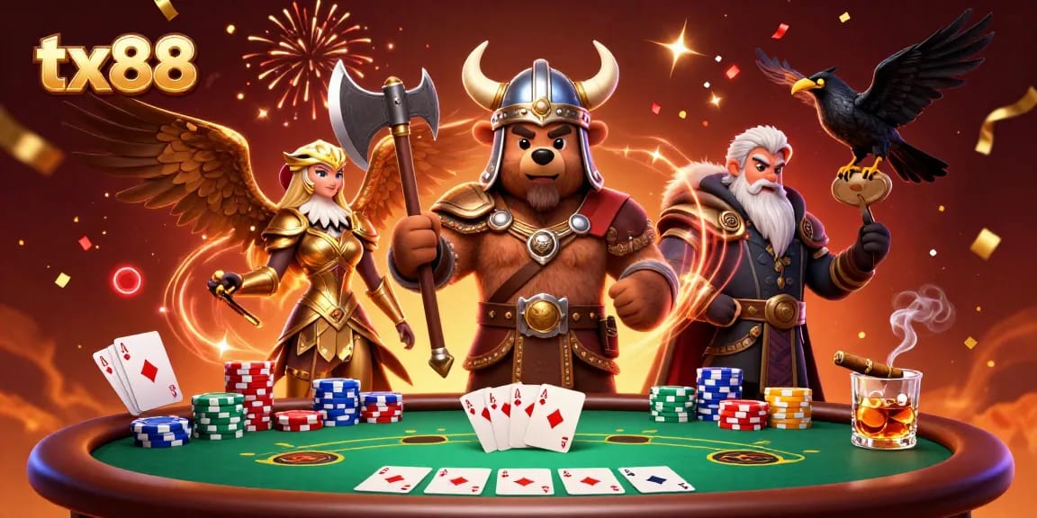 Experience thrilling poker action with tx88's vibrant 3D illustration of bears and eagles in an epic casino scene.