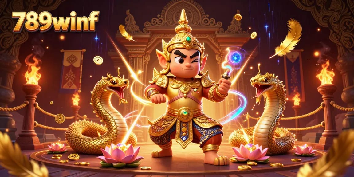 Experience the thrilling world of 789winf with a vibrant 3D illustration featuring a temple guardian and Naga companions.