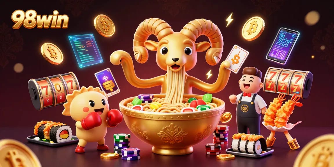 Experience thrilling gameplay at 98win with a vibrant casino scene featuring cartoon characters, crypto coins, and rich graphics.
