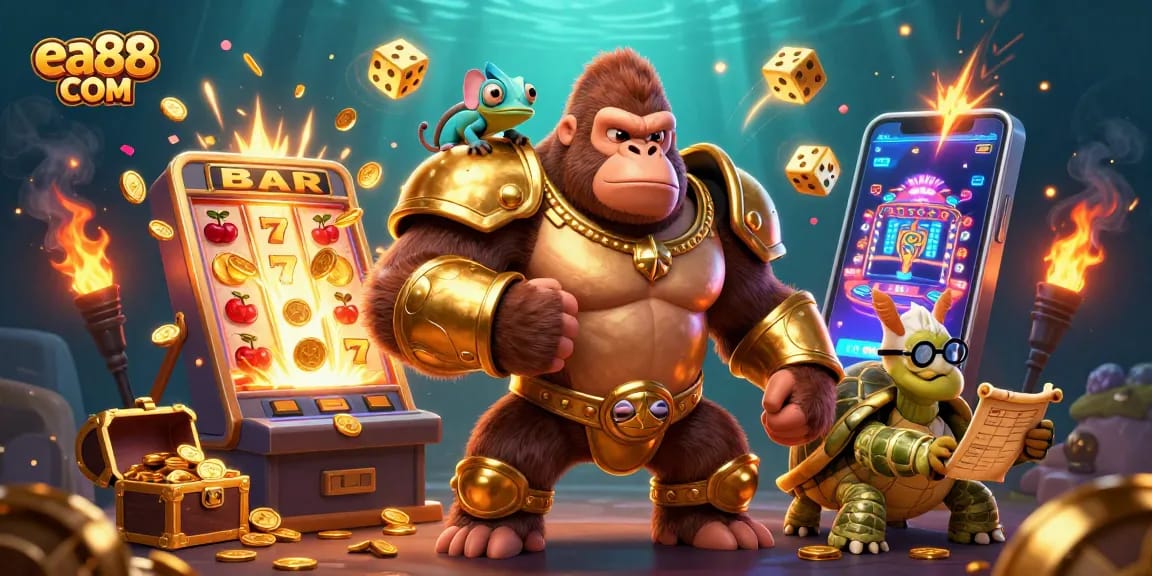 Experience the excitement of wining at ea88 COM with a vibrant scene of a powerful gorilla king and colorful casino elements.