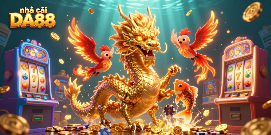Spin the reels with nhà cái DA88, amidst vibrant golden dragons and slot machines