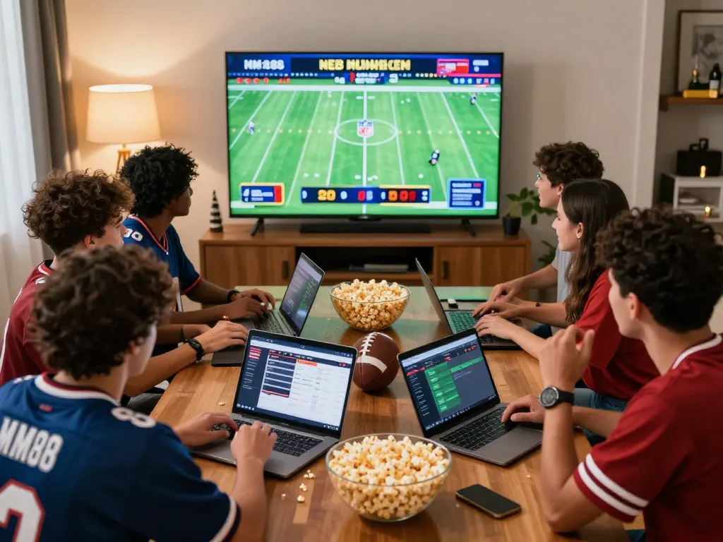 Friends enjoying a thrilling MM88 betting session while watching a game.