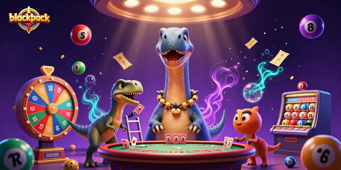 Experience blackjack fun with a dinosaur dealer setting at this vibrant casino illustration.