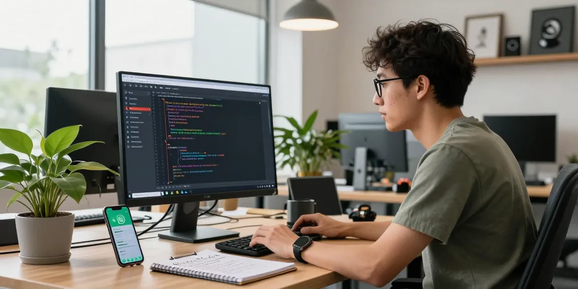 Developer using WhatsApp網頁版 on desktop, showcasing a modern workspace with tech elements.