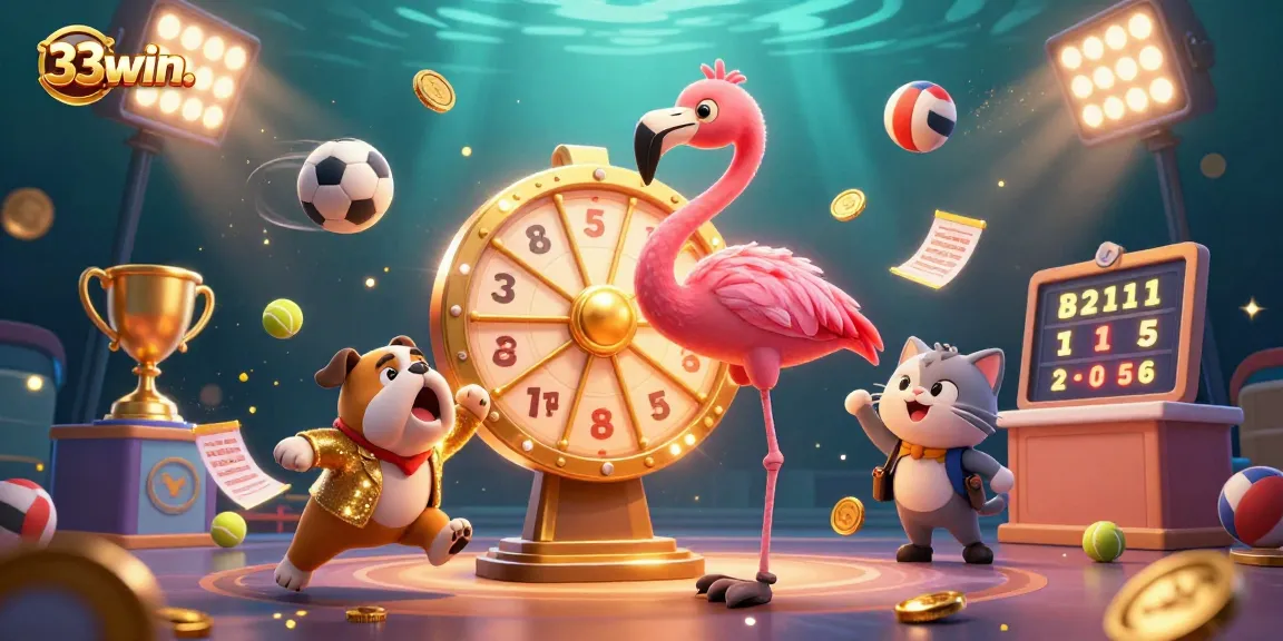 Engage with 33win. in a vibrant casino scene featuring a prize wheel, exciting characters, and sparkling elements.