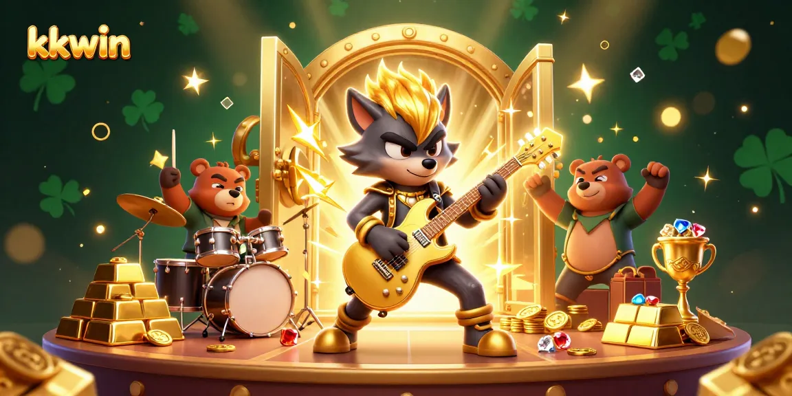 Interact with kkwin's vibrant casino scene featuring a rock star wolf and drummer bear amidst treasure.