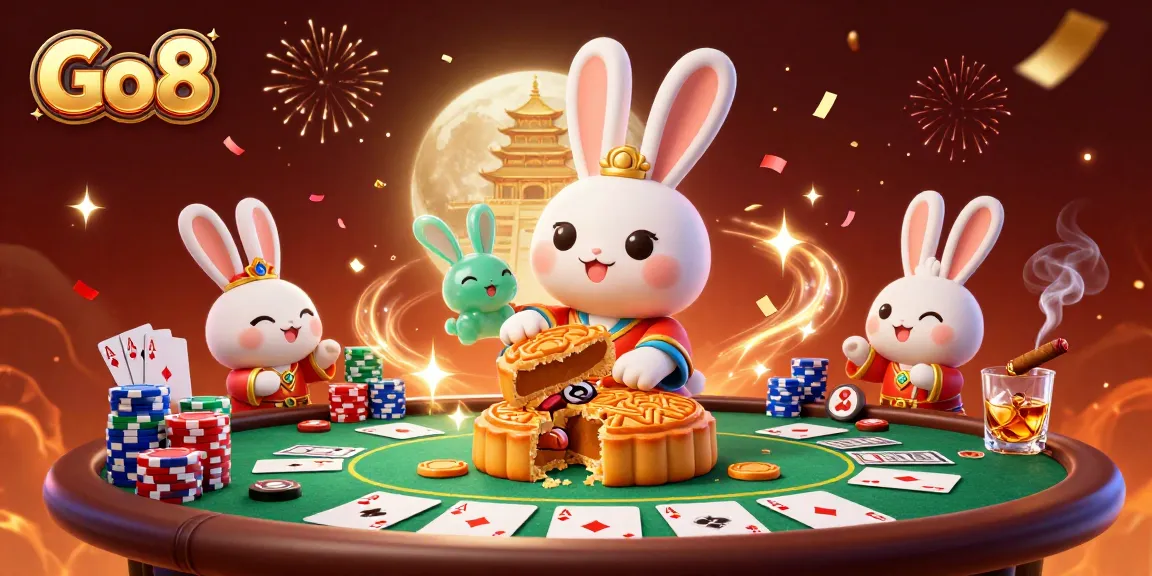 Go8 highlights exciting casino gaming with a moon rabbit revealing poker chips in a vibrant 3D scene.