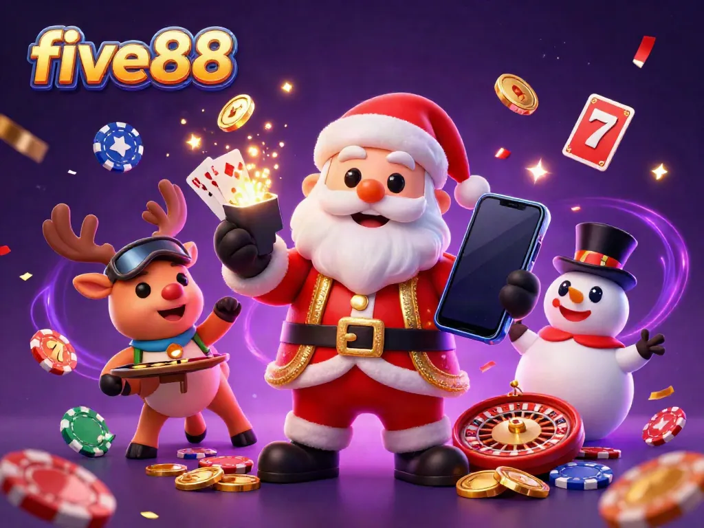 Experience the fun of five88 with 3D characters celebrating casino slots and games