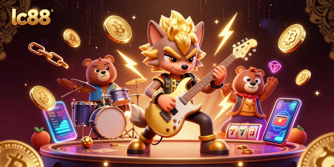 Spin the reels at lc88 with a rock star wolf and thrilling crypto elements in a dynamic casino scene.