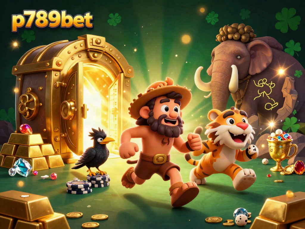 Experience the excitement of p789bet with a prehistoric casino scene featuring dynamic characters and vibrant gems.