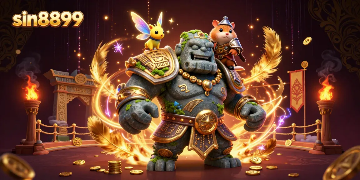 Experience thrilling action at sin8899 with a legendary golem and magical companions in vibrant casino settings.