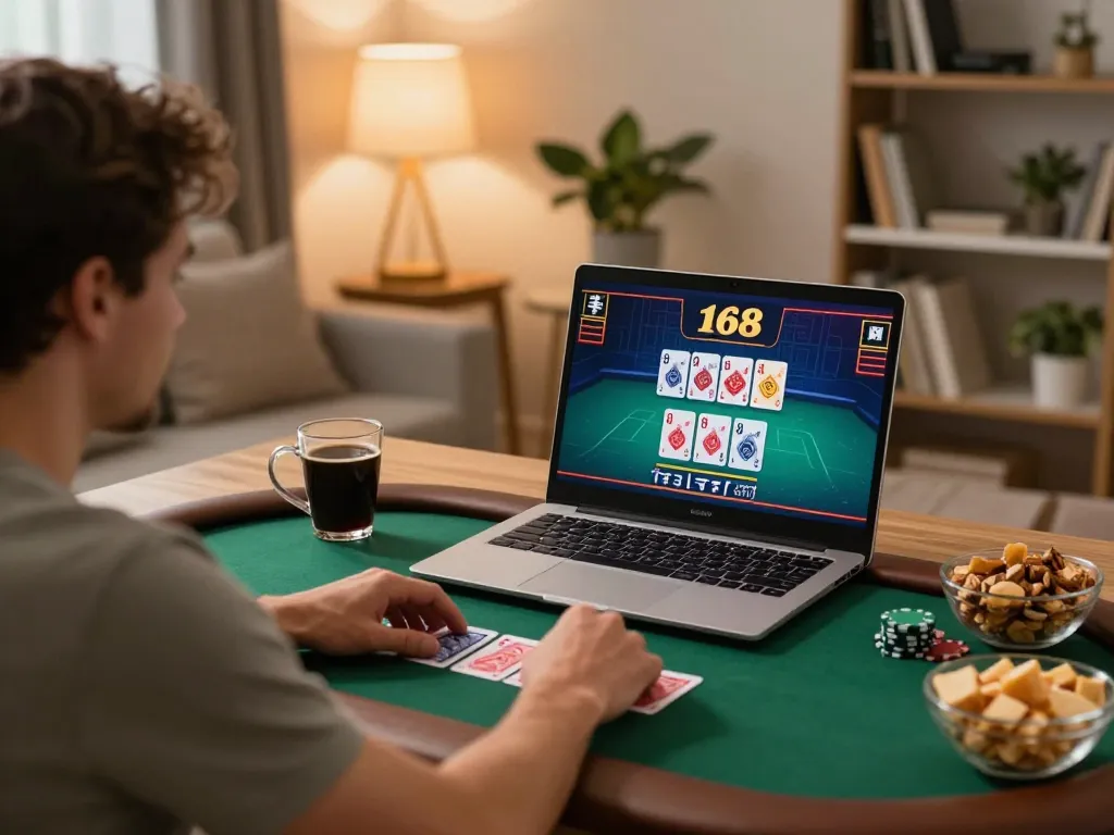 Playing f168 online poker at home, laptop displaying live dealer scene and cozy atmosphere.
