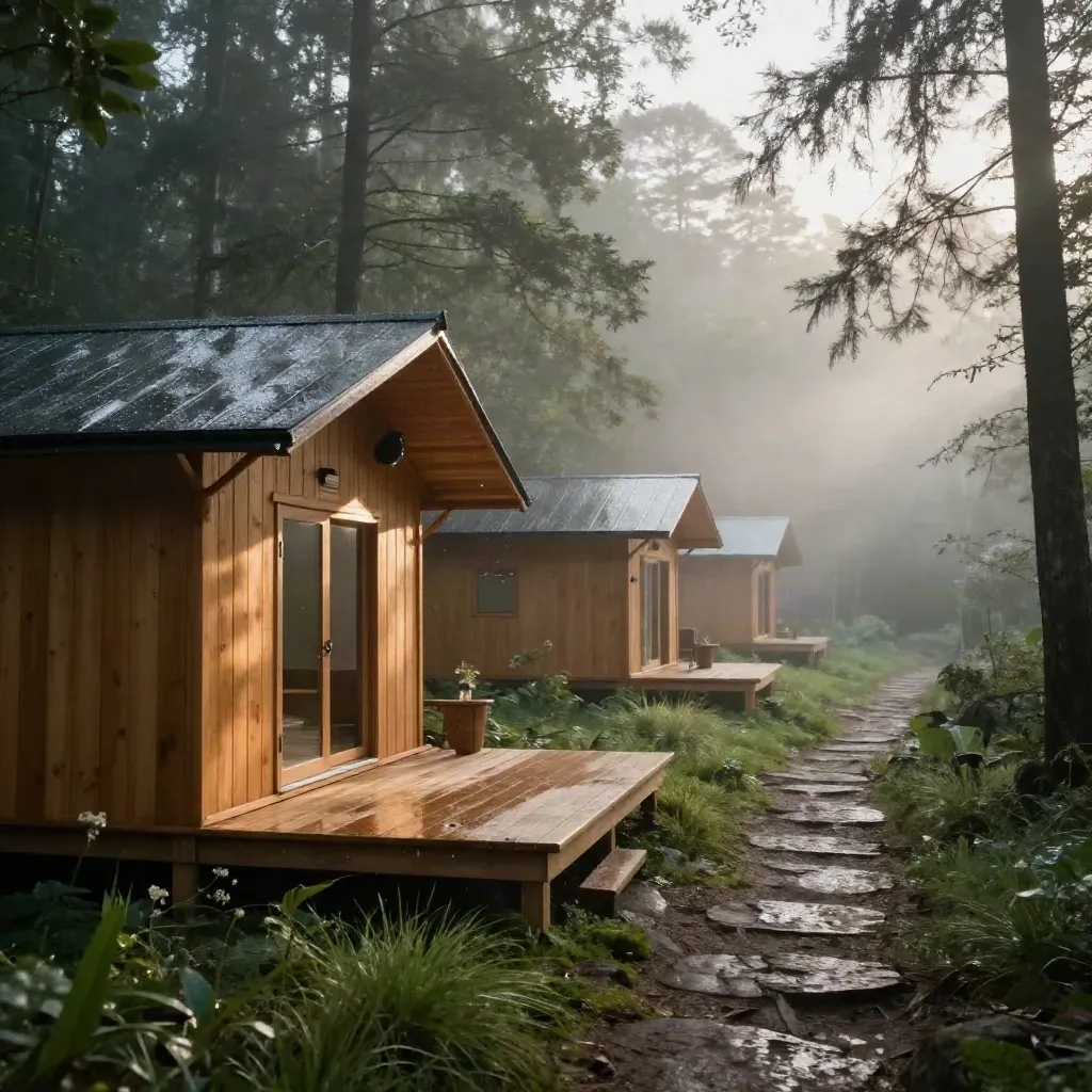 Radura eco-lodge con tenda glamping, deck wellness e sentiero nel bosco all’alba.