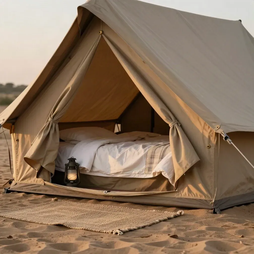 Tenda glamping con letto vero, lanterna e tessuti naturali all’alba