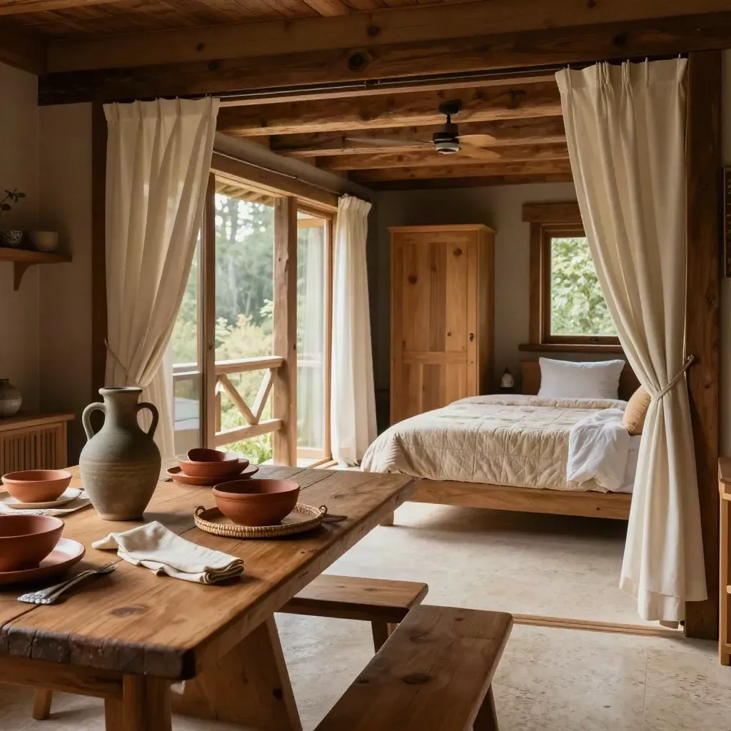 Cabina familiare con tavolo in legno, panche, letti ordinati e veranda coperta
