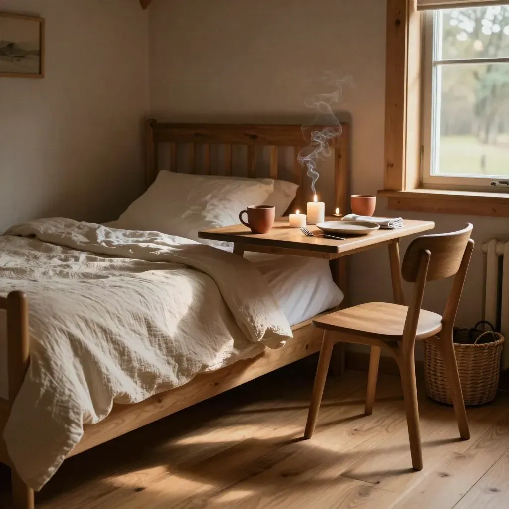 Cabina romantica pronta per due, letto rifatto e tavola con candele e cena locale.