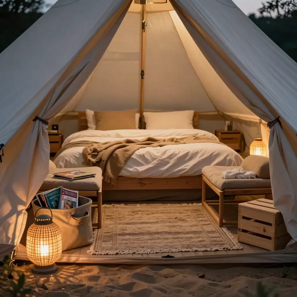 Tenda glamping familiare pronta per la notte, con letto matrimoniale, due brandine e lanterne.
