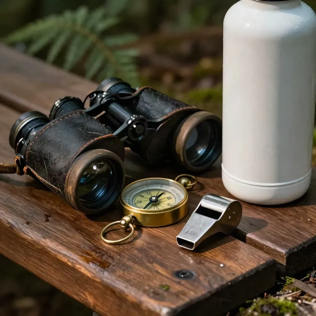 Binocolo, fischietto, compasso e borraccia smaltata su legno, in luce di bosco.