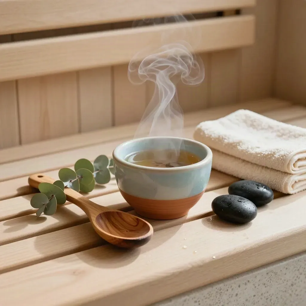 Vassoio wellness con tisana fumante, mestolo in legno, eucalipto e pietre basaltiche su panca sauna.