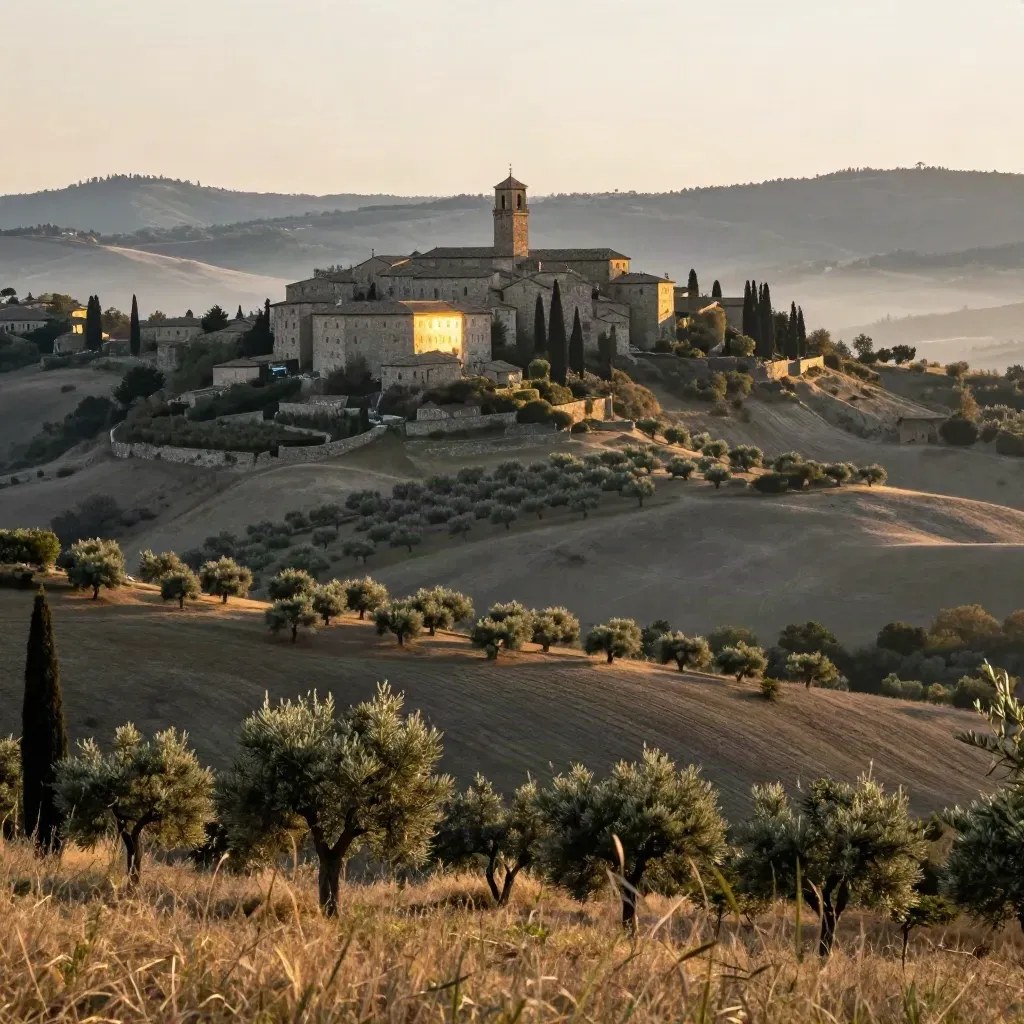 Colli umbri al tramonto dorato con borgo in pietra e uliveti in valle