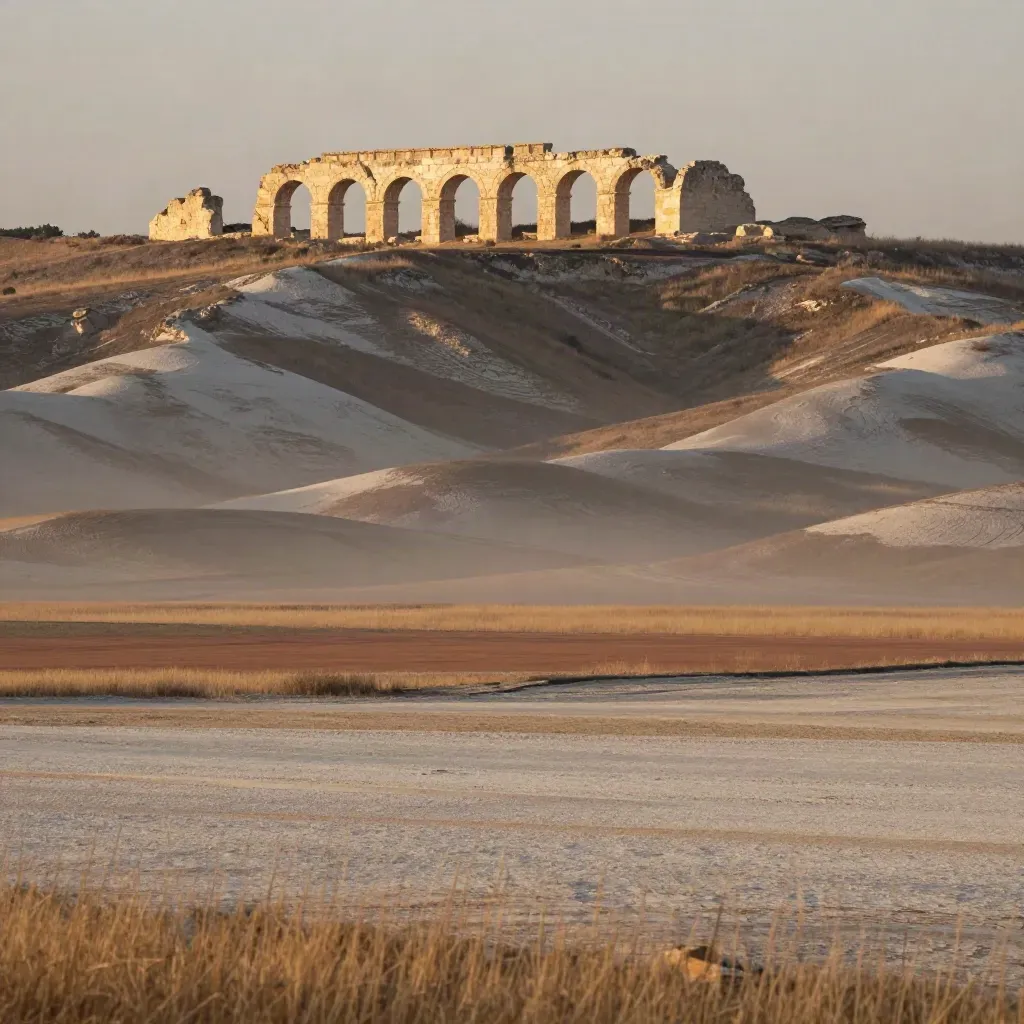 Campagna laziale al crepuscolo con archi in travertino e colline basse.