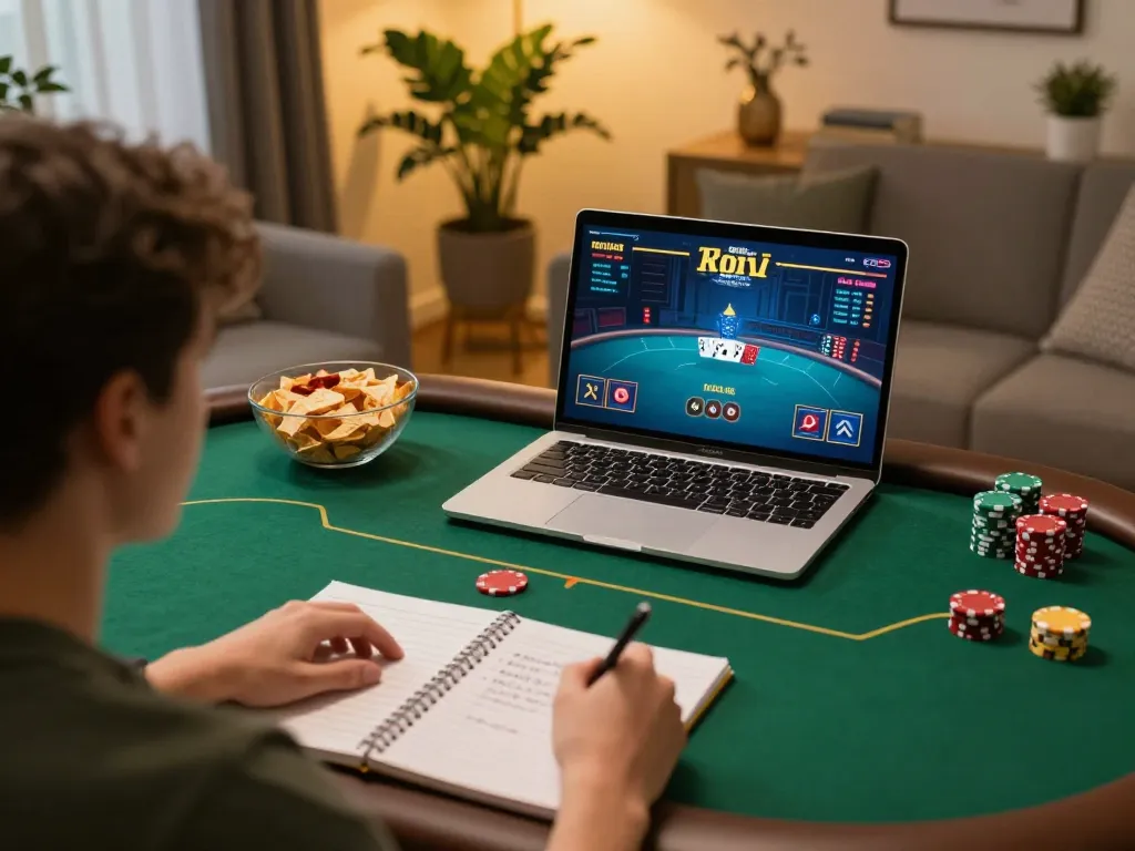 Player focusing on gamebaidoithuong during an online poker session, showcasing a strategic home gaming environment.