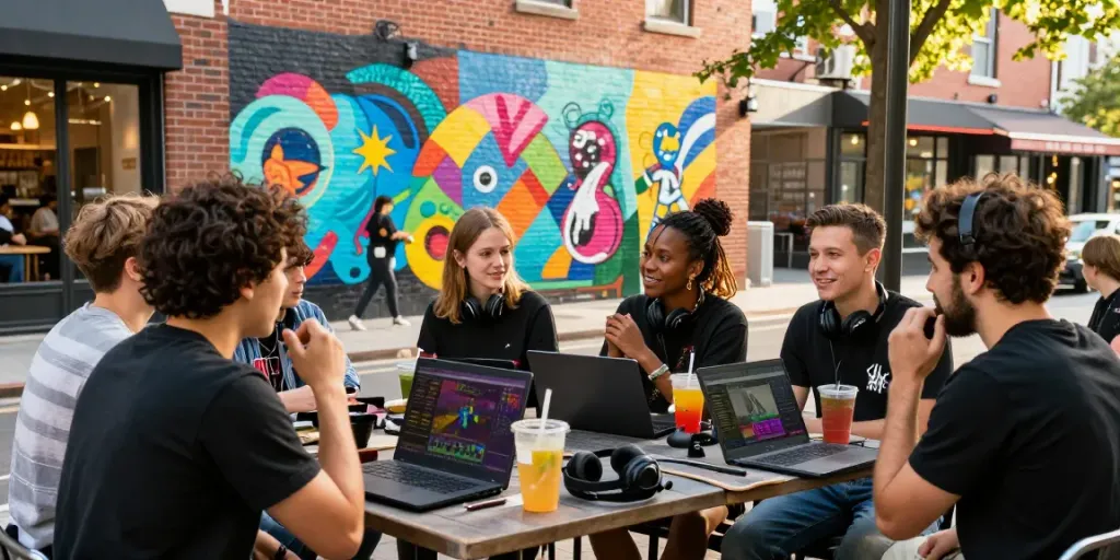 Community gathering discussing rokok88 gaming trends at a vibrant café.