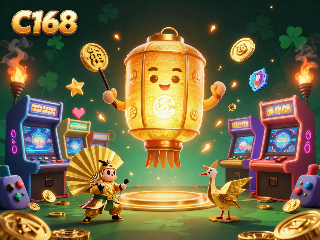 C168 offers thrilling casino experiences with a vibrant, packed scene featuring colorful game elements and interactive symbols.
