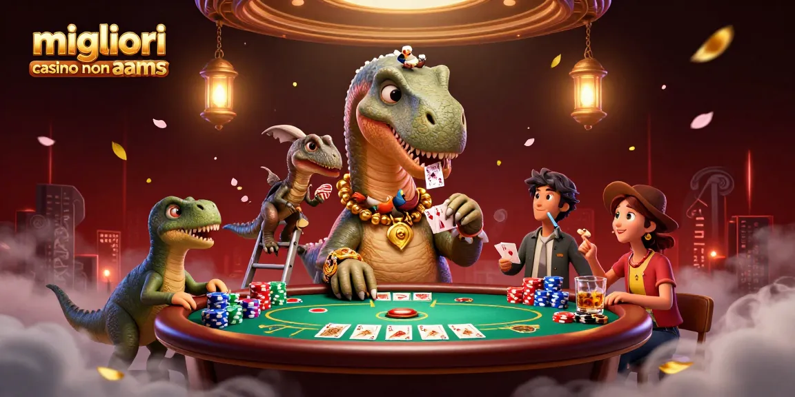 Engage in the world of migliori casino non aams with a whimsical illustration featuring dinosaurs dealing cards at a poker table.