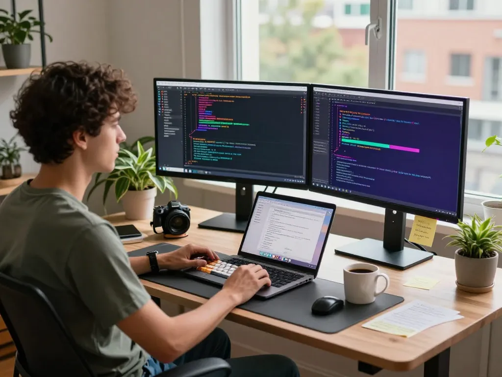 Developer using Clawdbot AI in a modern home office with dual screens and coding tools.