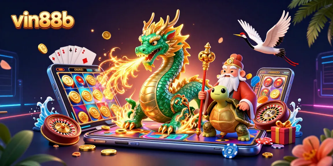 Experience vin88b's vibrant casino environment with dragons, turtles, and stunning game elements.