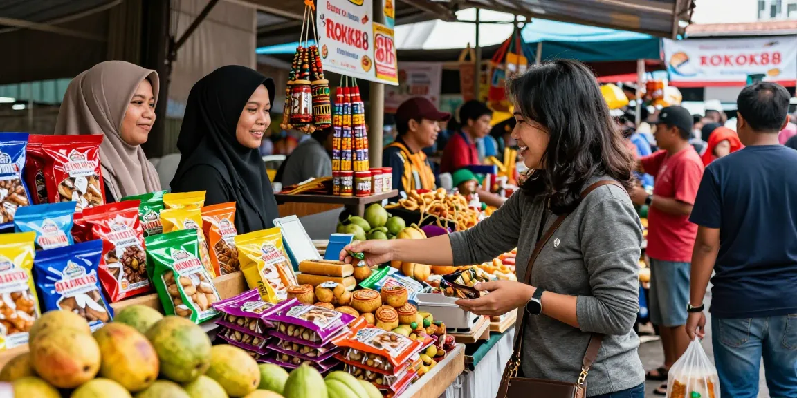 Indonesian specialty snacks display at ROKOK88 market capturing authentic flavors and vibrant culture.