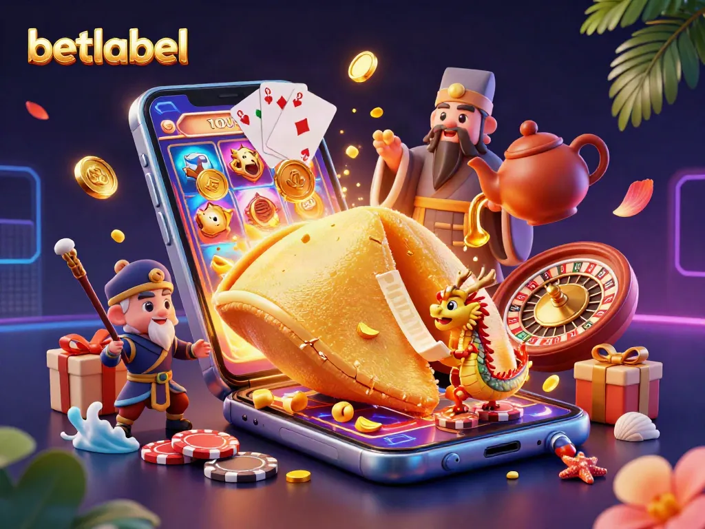Experience the thrill of playing betlabel with a vibrant scene of fortune cookies, dragons, and casino elements.