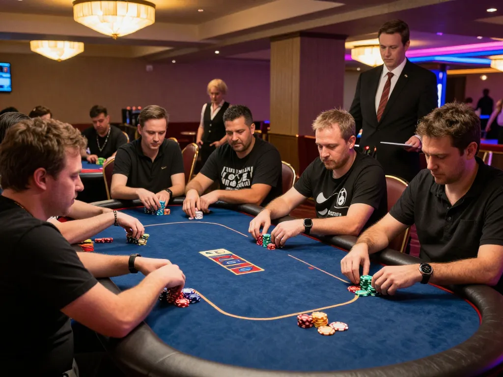 Players enjoy intense poker action at nhà cái F168 in a stylish casino environment.