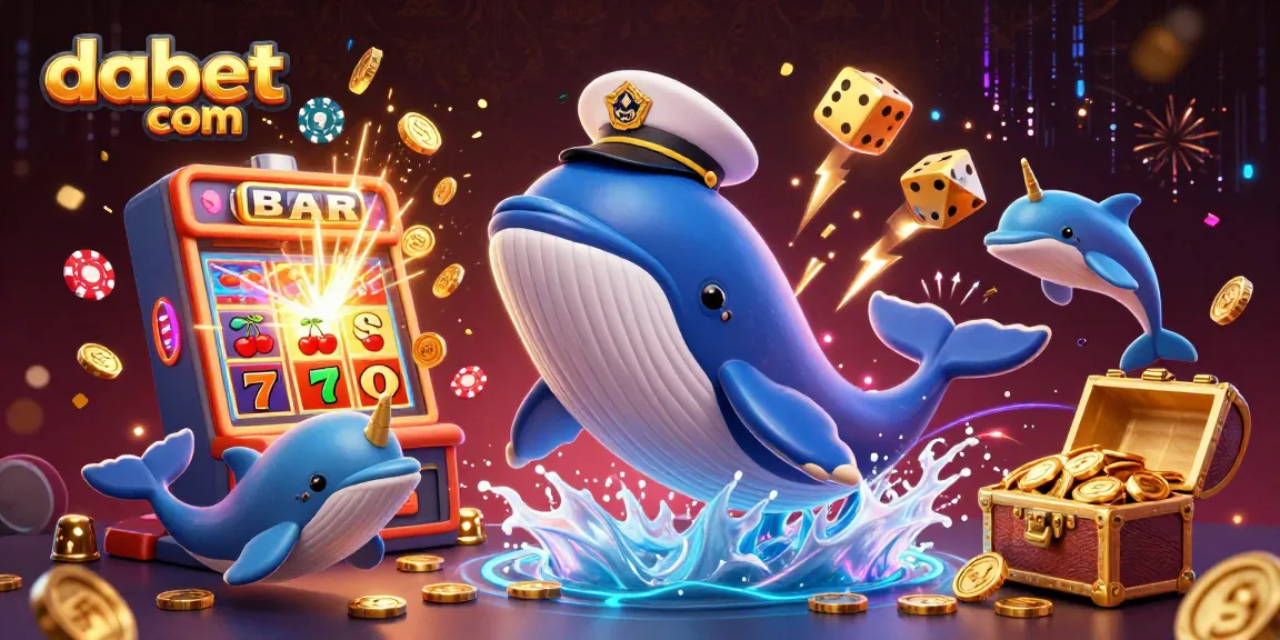 Join the fun at dabet com with playful characters celebrating jackpot wins in a vibrant casino scene.