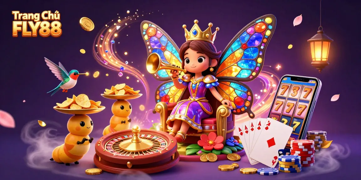 Engage with the enchanting world of Trang Chủ FLY88 featuring a butterfly queen in a dynamic casino scene.