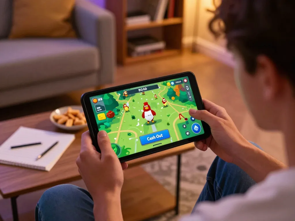 Scena di gioco coinvolgente di Chicken Road recensioni con giocatore concentrato sulla strategia di gioco mobile in un ambiente domestico accogliente