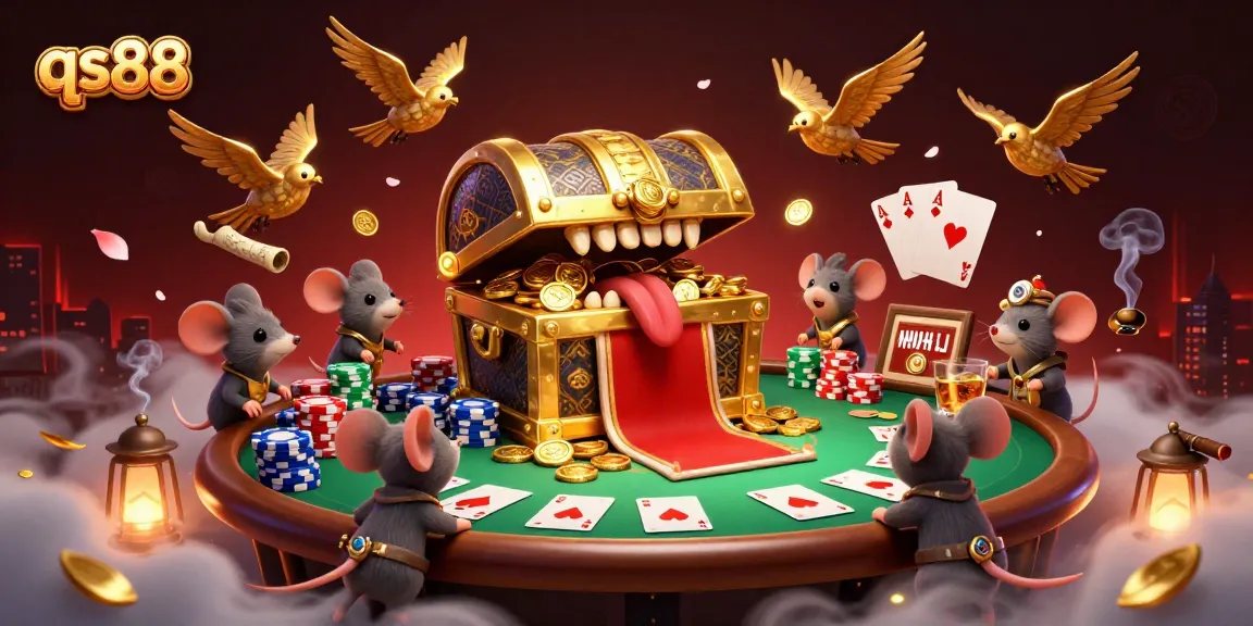 Engage with qs88's vibrant casino world, featuring an enchanted treasure chest and poker elements.