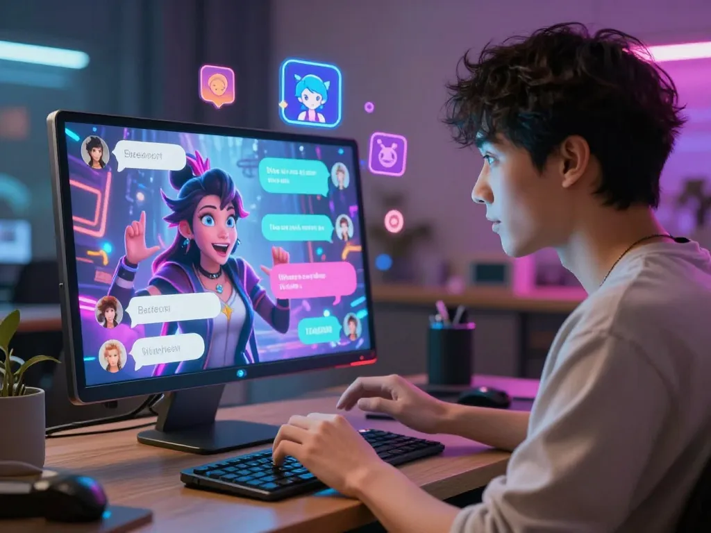 Engaged user interacting with character AI nsfw, vibrant digital chat environment showcasing playful AI interactions.