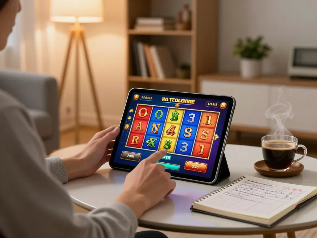 Engaging in raja slot gameplay at home, player focused on tablet interface with colorful reels.