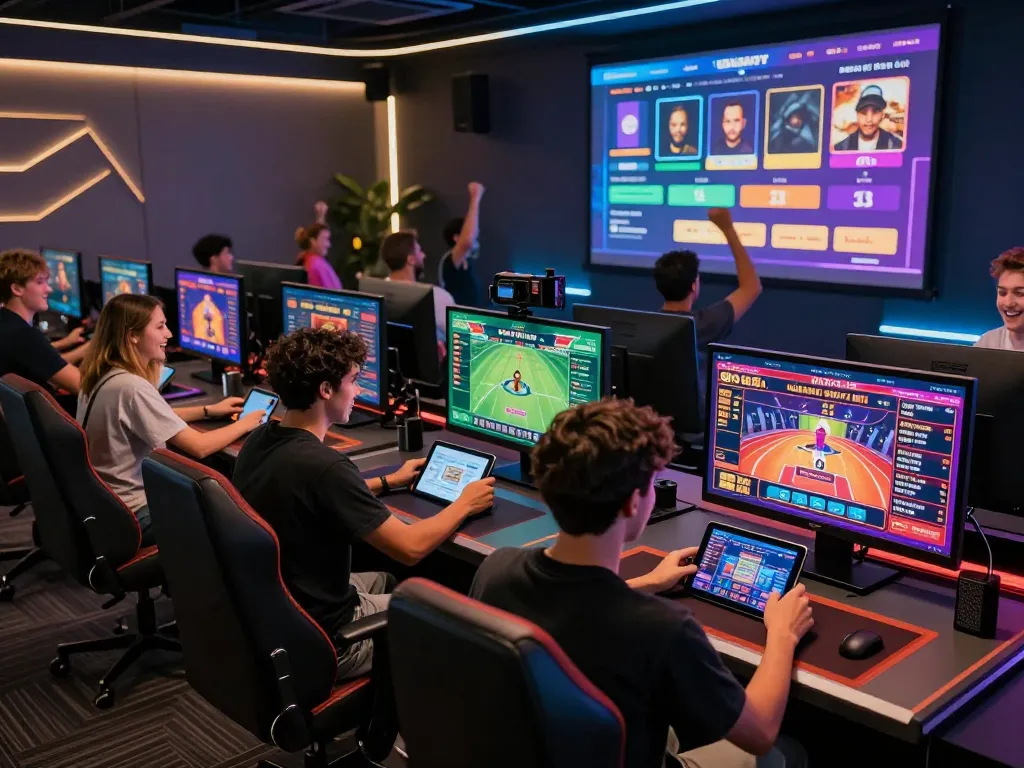A lively gaming atmosphere at 99ok, showcasing diverse players enjoying live dealer games and sports betting.