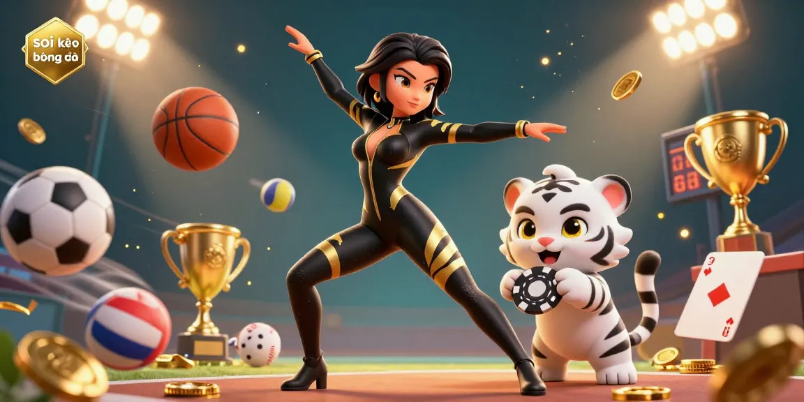 Soi kèo bóng đá action scene with a woman in a catsuit, a tiger, and dynamic sports elements.